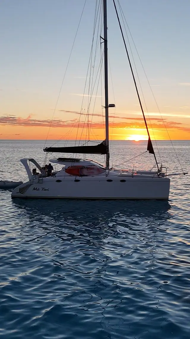 The setting sun directly behind the mast and rig of Mā Tori