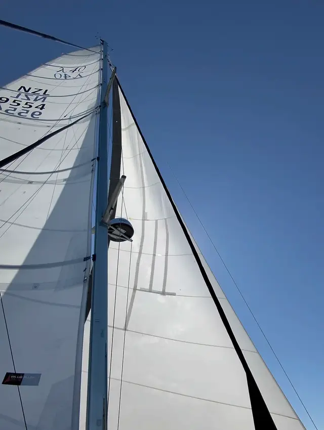 Headsail and mainsail pulling hard offshore under blue sky