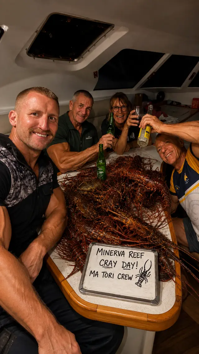 Crew with a table of crayfish at Minerva Reef