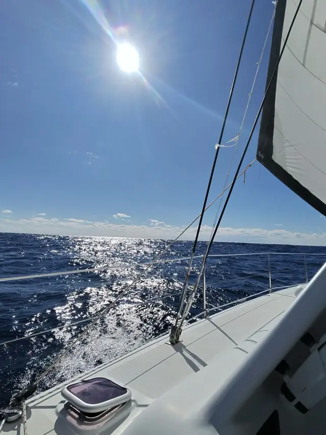 Sailing the Pacific under headsail, sun flaring over the foredeck