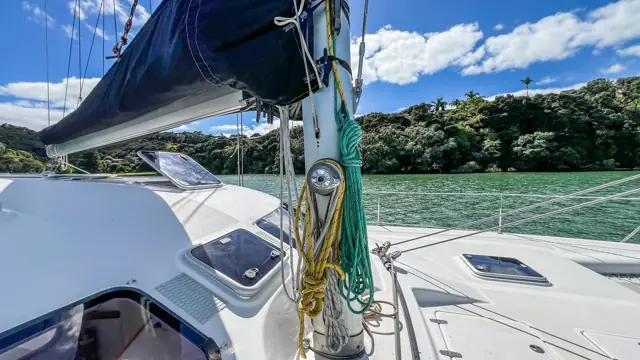 Bow of Mā Tori at a sheltered anchorage