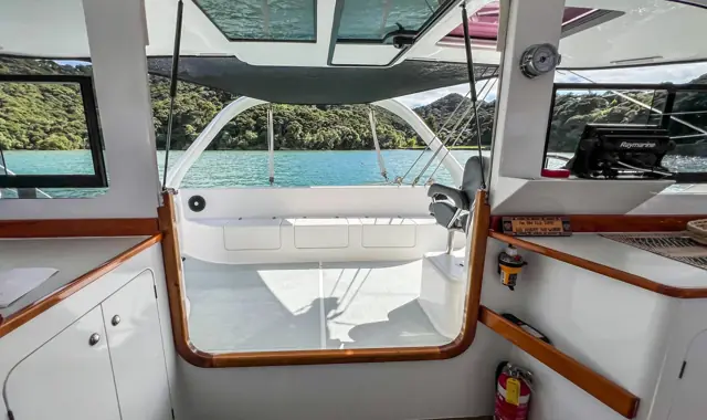 Generous shaded cockpit of the Fusion 40 catamaran