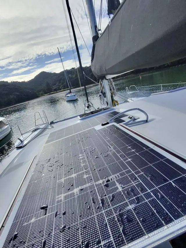 700W solar array on the coachroof of Mā Tori