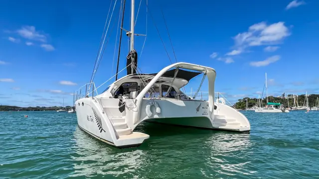 Stern quarter of the Fusion 40 showing davits and boarding steps